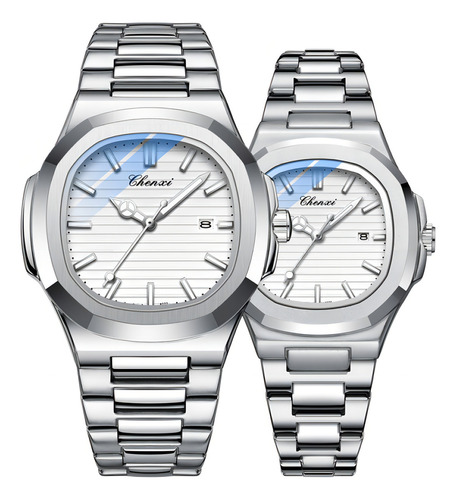 Reloj Chenxi Calendar Luminous Para Parejas, 2 Piezas Color Del Fondo Silver White
