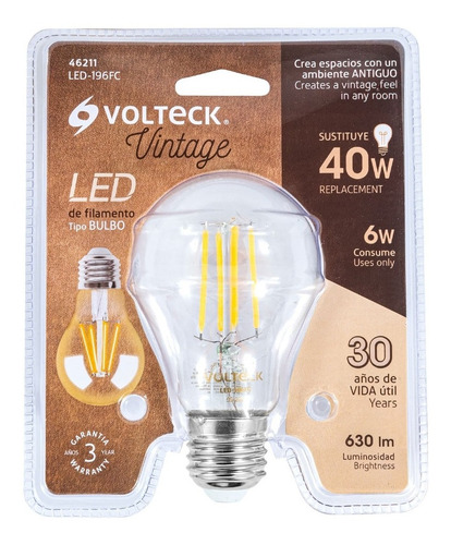 Lámpara Led Tipo A19 6 W Con Filamento Luz Cálida, Blíster