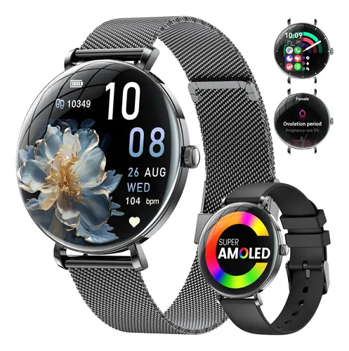 Reloj Inteligente Mujer,pantalla Hd 1.43'' Con Llamada Bluetooth Para iPhone Andriod (incluye Dos Correas)fv17-c Negro