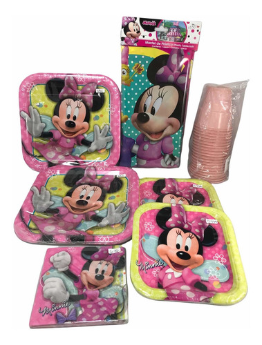 Minnie Mouse Rosa Fiesta P 16 Platos Vasos Serv Mantel Gm6