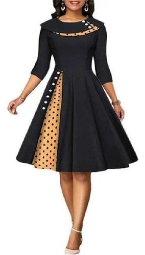 O Cuello Manga Larga Negro Suave Swing Vintage Vestido De Có