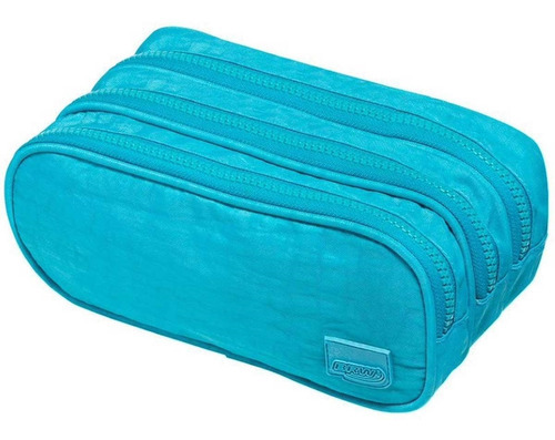 Estojo Tecido Nylon Grande 3 Zíperes Brw Verde Água Liso