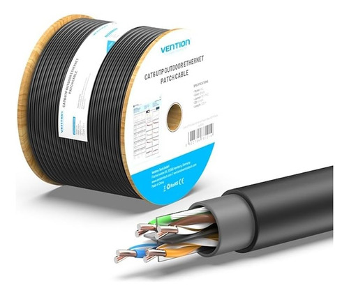 Cable De Red Vention Cat 6 - 305 Metros - Para Exterior Bobina Premium - Utp Rj45 Ethernet 1000 Mbps - Servidor - Camaras Seguridad - Doble vaina Resistente Al Agua Y Al Sol - Negro - Ihlb305