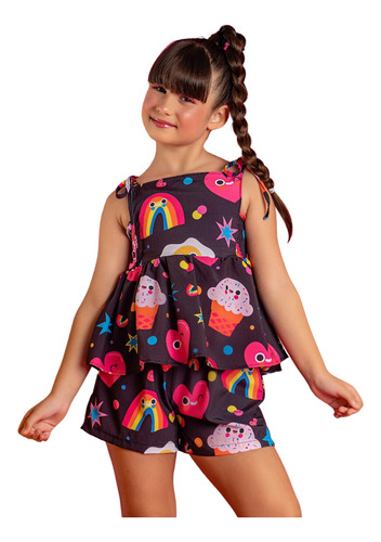 Conjunto Infantil Verão Peplum Preto Estampado P05 Gift