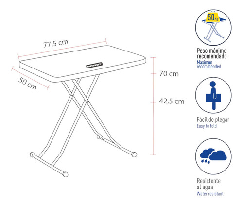 Mesa Plegable Rectangular Ajustable 77.5x50x70 Cms Northwest