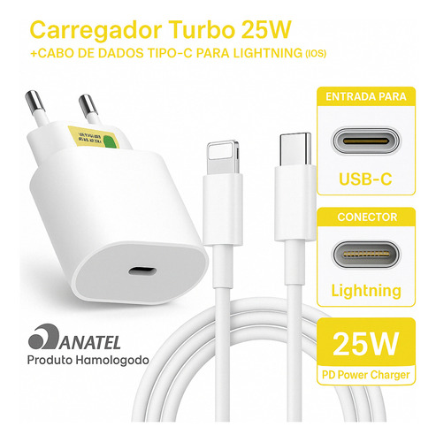 Carregador Turbo 25w Para iPhone 8 X Xr 11 12 13 14 Pro