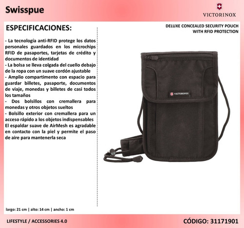 Imagen 6 de 7 de Mini Bolsa De Seguridad Negra,p/cuello, Victorinox(31171901)