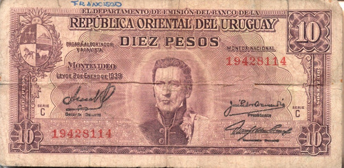 Billete Extranjero De Coleccion R.o.uruguay 10 Pesos 1939 (Usado)