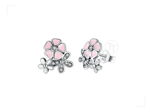 Aretes Ramo Enamel Rosa En Plata Esterlina 925 Zirconia Cz