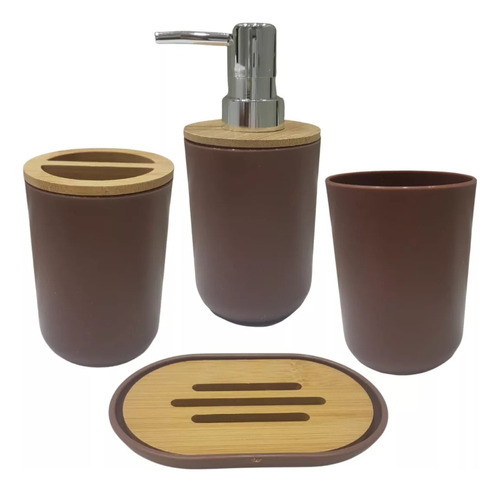 Set Baño X4 Piezas Plástico Bambu Dispenser Porta Cepillo Ms