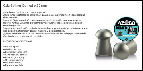 Balines Apolo Domed Cal 6,35 De 25gr X200 Unidades