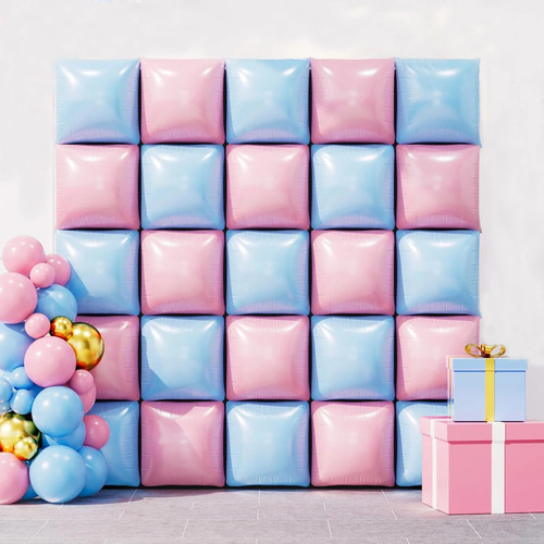 50 Balões Quadrados De Papel Alumínio Azul E Rosa Para Pa