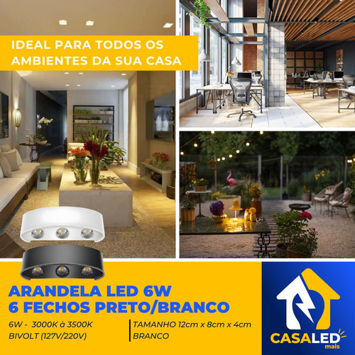 Kit 10 Arandelas Led 6w Meia Lua 6 Fachos Branco 3000k Ip66