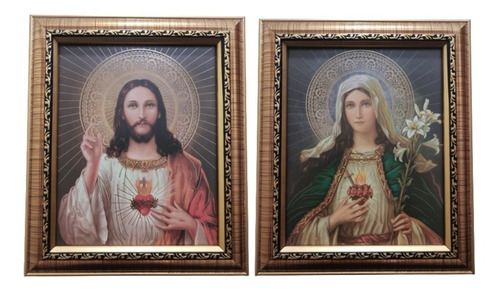 Sagrado Corazón De Jesus Y De María En Marco Dorado B 30 X 2