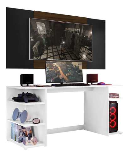 Mesa Gamer Escriv Com Painel Tv 65  Guilda Multimóveis V3585 Cor Branco/Preto/Madeirado