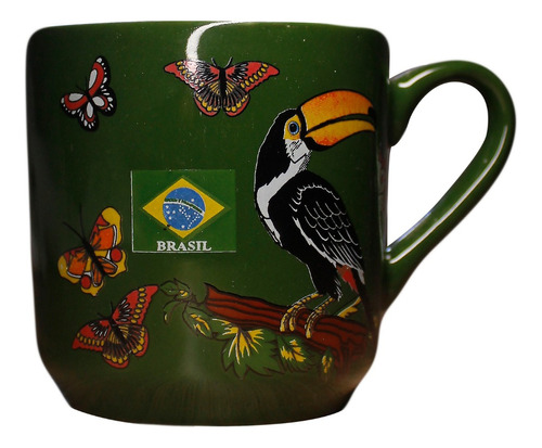 Xícara De Chá Vintage  Verde Com Desenho Tucano Brasil  C436