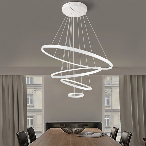 Luminária de Teto Lustre Pendente 4 Anéis Arcos Argolas Pé Direito Alto Duplo Escadas 3m de cabo Sala Cor branco Moderno Luz Branco Neutro 4500k bivolt 110v 220v