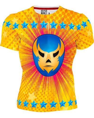 Playera Full Print Lucha Libre Amarilla Mascara Azul 425