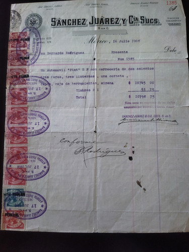 Factura De Automóvil Antigua 1908 Documento | Porfiriato (Usado)