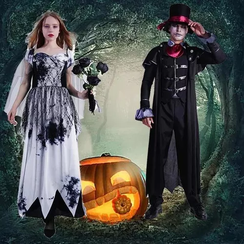 Fantasia de Halloween para casais – Fantasia de vampiro masculina e  feminina para casais – Drácula e vampira preta 