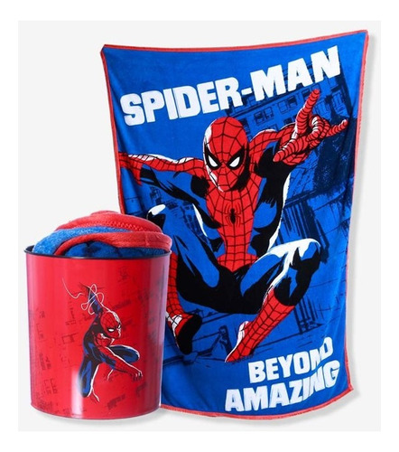 Kit Mantinha Com Balde Marvel Spider Man Zona Criativa Cor Azul-turquesa Desenho Do Tecido Homem Aranha