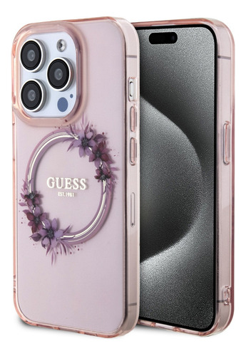 Funda Guess Flowers Pink Para iPhone 15 Pro Max Magsafe