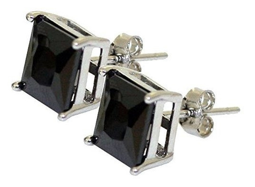 Pendientes Negro Cz Corte Princesa En Plata De Ley 925 Rodio