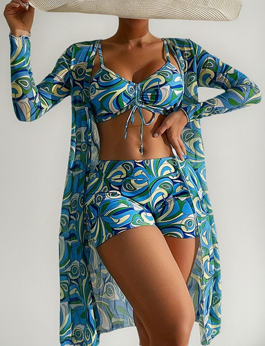 Conjunto De Bikini De 3 Piezas Estampado Retro Bohemio