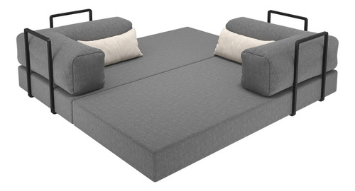 Colchão Casal 192cm Bouclê Cinza Vira Sofá-cama 2 Lugares Com Estrutura Metálica Estilo Industrial Nórdico Mod: Buble Caixa