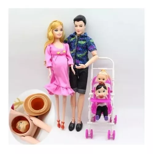 Boneca Barbie Grávida E Família Carrinho E Papai Mamãe Filho