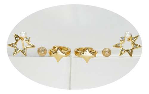 Set Pendientes Aretes Oro 18k Estrella Perla Diamantes Niña