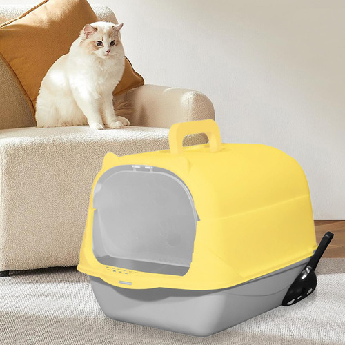 Caja De Arena Para Gatos Con Capucha De Mano Gris Amarillo