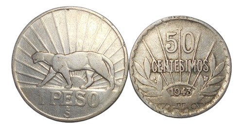 Uruguay 50 Centésimos 1943 + 1 Peso 1942 - Plata 15,7 Grs 