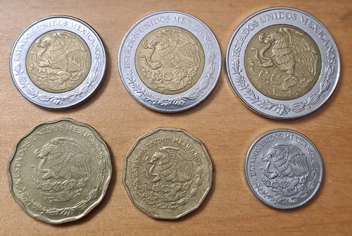 Mexico X 6 Monedas Incluye 1 Peso 1997 Bimetalica. Usadas ! (Usado)