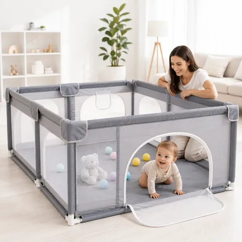 Cercadinho Bebe  Chiqueirinho Infantil 180 X 150 Grade Segura Cinza-escuro Liso