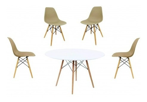 Mesa Eames Madera Blanca 1 Mt Diam + 4 Sillas Eames Beige