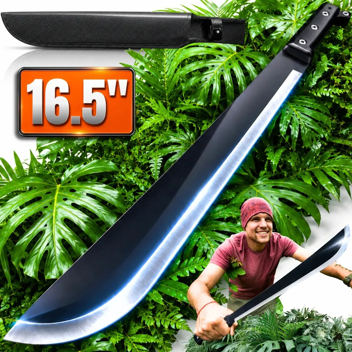 Facão Colosso 16,5 Pol Para Mato - Tático Rambo de Aço Inox com Lâmina Larga Curva Afiada de Corte Rápido para Sobrevivência - Corta Coco com Bainha, Cabo em Madeira, Polipropileno