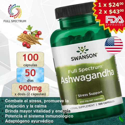 Imagen 1 de 9 de Ashwagandha 450mg @ 100 Cápsulas / Energía Vitalidad Estrés