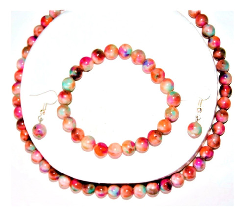 Set Piedra Jade Collar Pulsera Arete 8 Mm Nude Rosa Rojo