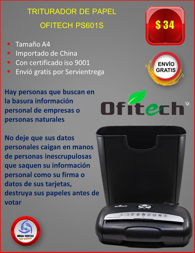 Imagen 2 de 7 de Trituradora Destructora De Papel Documentos Ofitech Ps601s