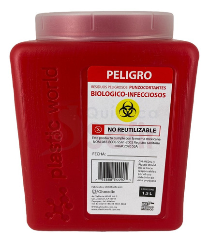 Contenedor Recolector De Residuos Punzocortantes Rpbi 1.5 Lt