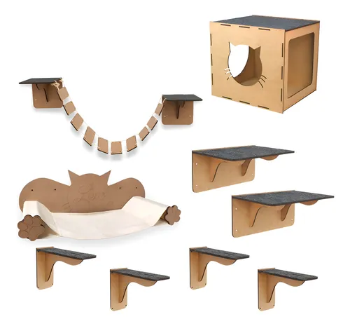 Playground Gatos Box Fan Kit 9 Peças MDF Antiderrapante Interativ...