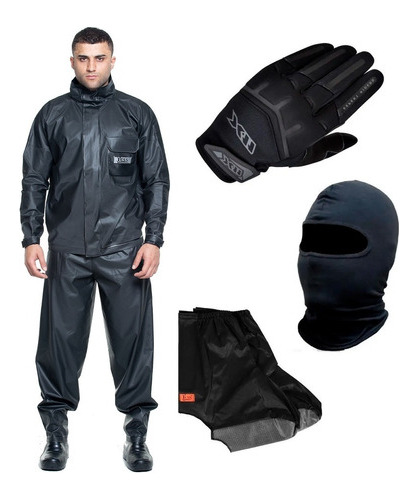 Kit Capa De Chuva, Luva X11, Polaina, Balaclava Moto Motoboy