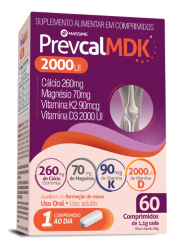 Prevcal Mdk 2.000ui 60cpr - Vitaminas D K Magnésio Calcio Sabor Sem Sabor