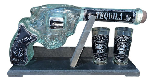 Pistola Licorera 400ml Con 2 Tequileros Con Base De Madera Agua
