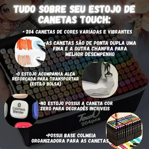 Canetinhas Touch 204 Cores Ponta Dupla Com Estojo Base Preto