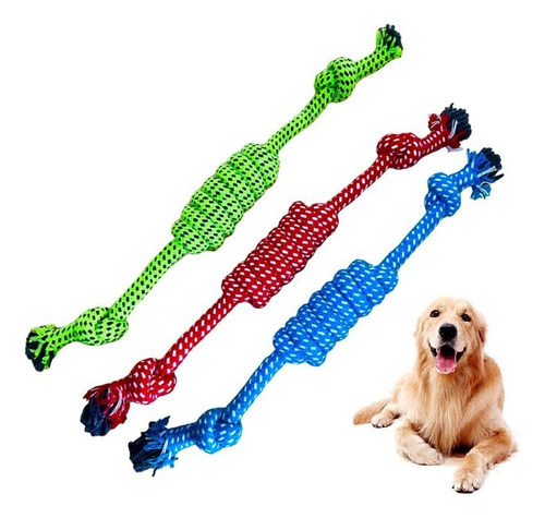 Brinquedo Puxador Pet Cães Mordedor Osso Bola De Corda Forte Cor Azul Trança 33 Cm
