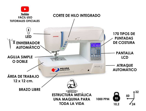Imagen 3 de 10 de Janome Skyline S5 + Tijeras + Hilos De Regalo!!! Gtía 3 Años
