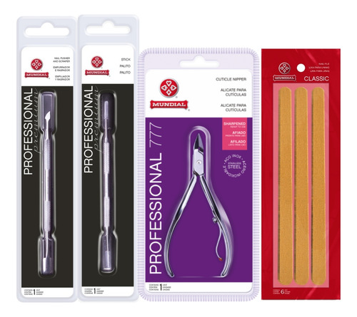Kit Alicate 777 Palito E Espátula Inox 6 Lixas Unha Mundial