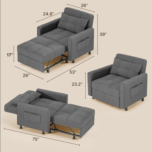 Silla Sofá Cama 3 En 1 Convertible Multifuncional Para Sala Gris Oscuro Diseño De La Tela